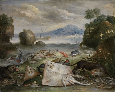 Animali marini, pesci e lontre sulla spiaggia con vista su una baia con veliero e montagna in lontananza da Jan van Kessel the Elder